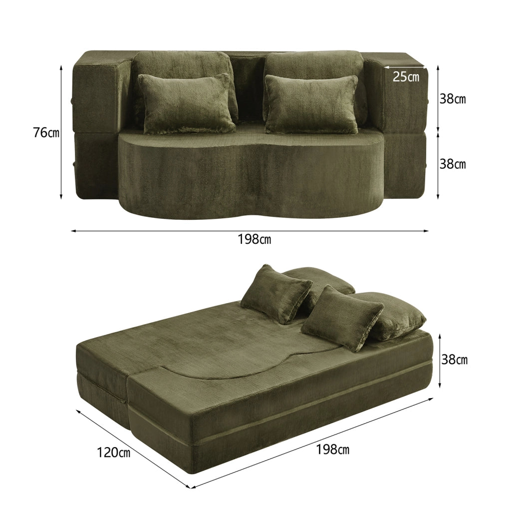 Divano letto pieghevole verde 2 in 1 con 4 cuscini