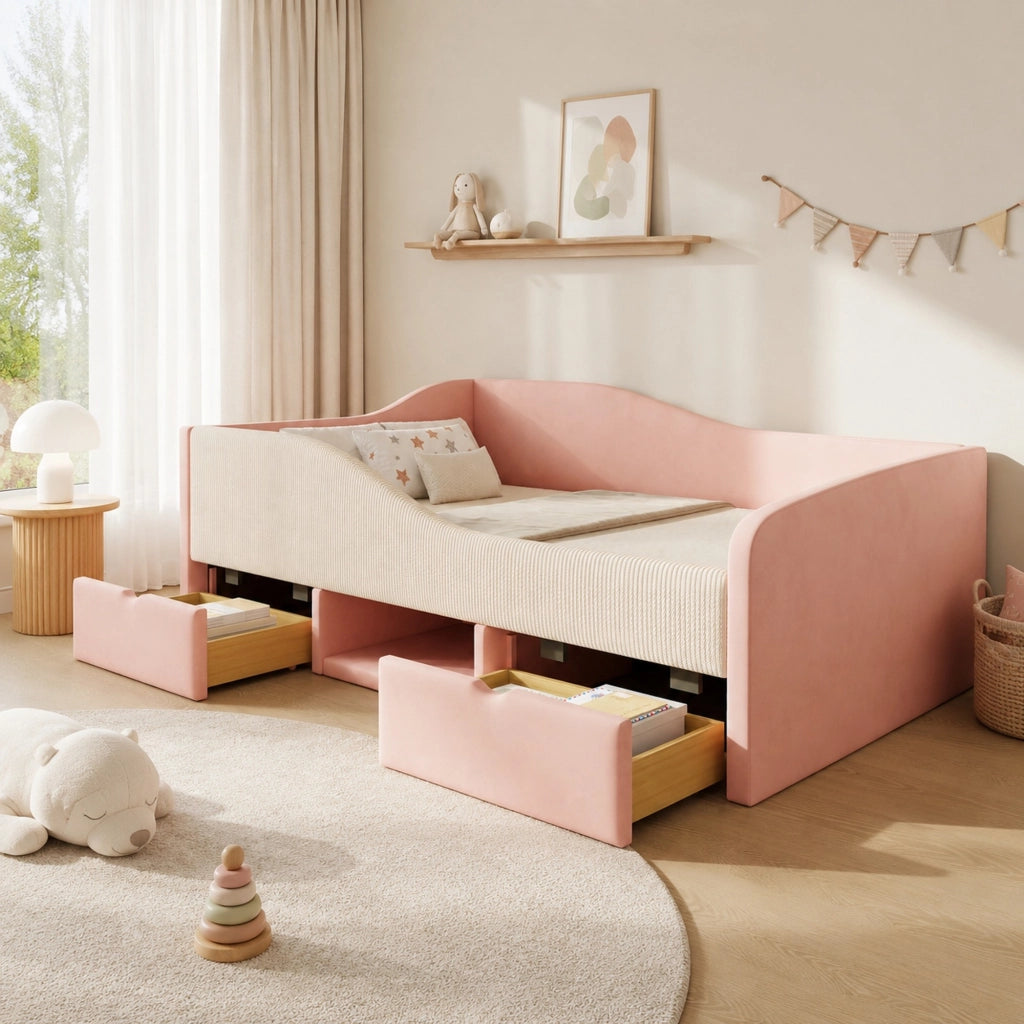 Letto imbottito 90 x 190 cm rosa e bianco con cassetti e sponde