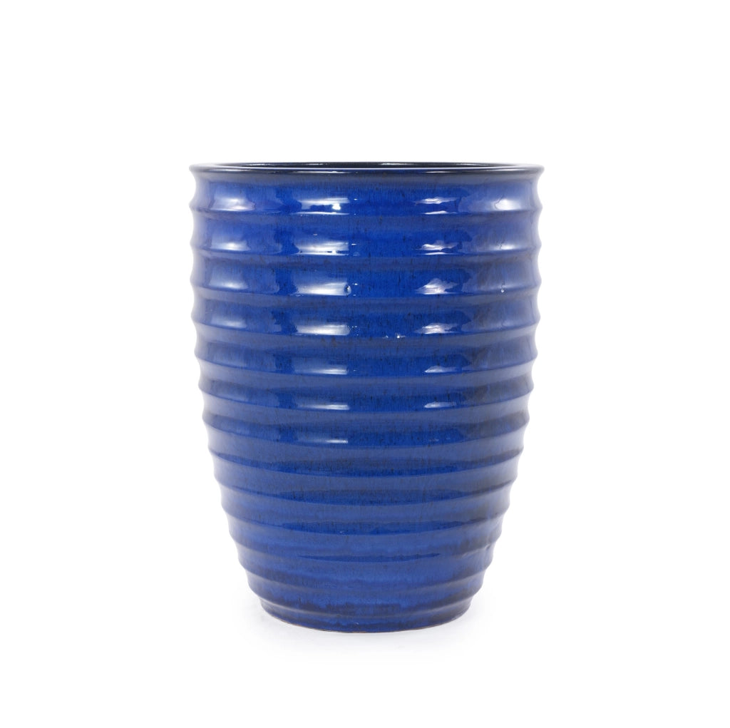 Grande Vaso da Fioriera in Ceramica Artigianale, Ø 42 cm × 54 cm, Blu Reale Lucido con Texture a Righe, Traspirante e Resistente al Gelo con Fori di Drenaggio