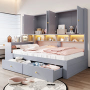 Letto con cassetti 90 × 200 cm con scrivania integrata armadi ripiani LED prese elettriche in MDF grigio