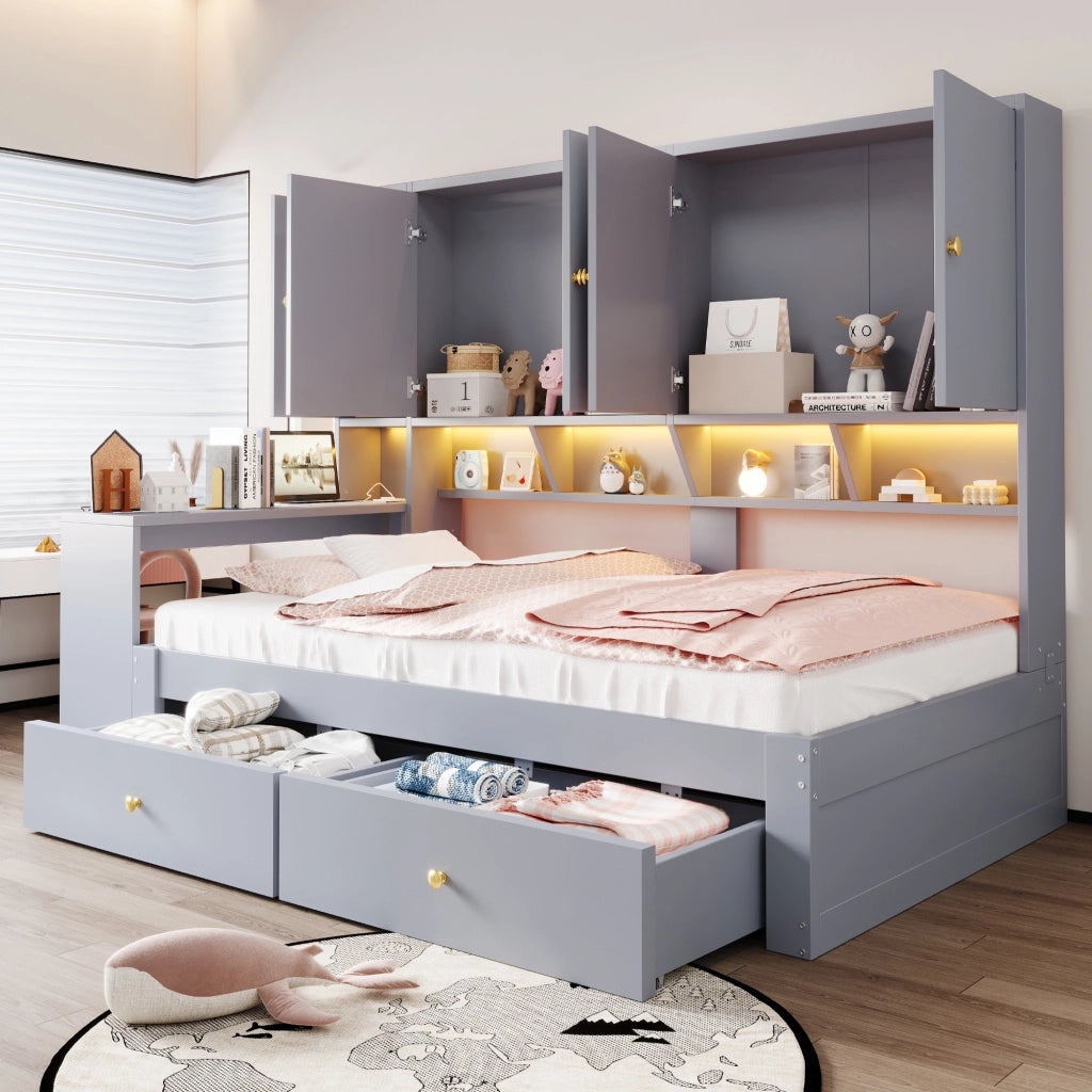 Letto con cassetti 90 × 200 cm con scrivania integrata armadi ripiani LED prese elettriche in MDF grigio
