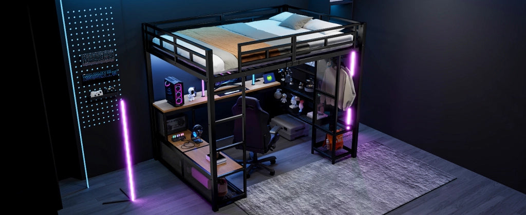 Letto a Soppalco 140x200 cm con Scrivania; Armadio; LED; USB; Scala e Sponde; Nero