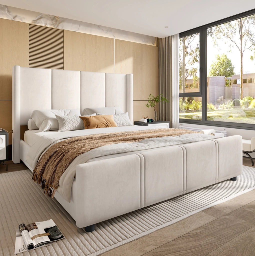 Letto imbottito 140 x 200 cm beige con testiera alta e porte USB/Type-C