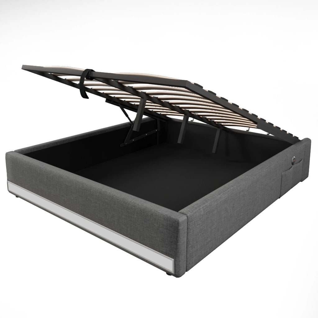 Letto contenitore 140 × 200 cm con vano idraulico LED USB e Type-C in lino e MDF grigio con tasche laterali