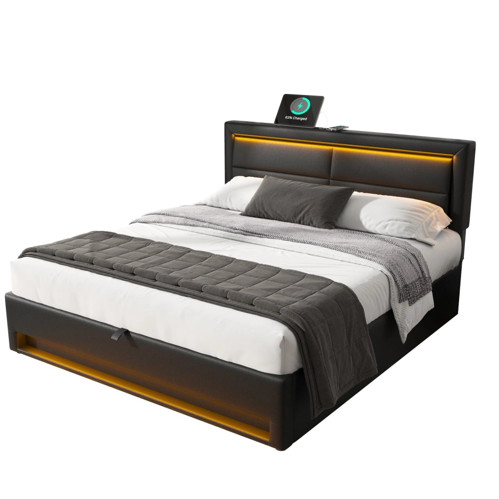 Letto contenitore 140x200 cm in similpelle nera con LED e ricarica USB e wireless