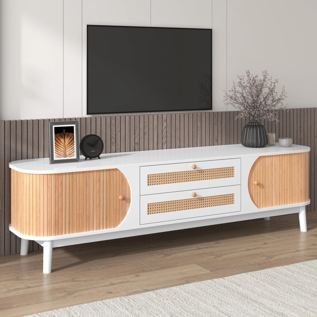 Mobile porta televisore bianco e legno con ante e cassetti intrecciati, ampio e resistente