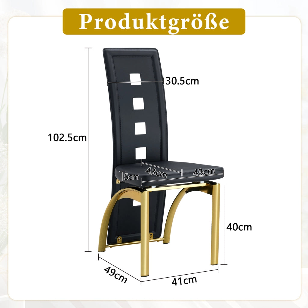 Set 2 sedie da pranzo in ecopelle nera con schienale forato e gambe in metallo dorato, altezza 102,5 cm