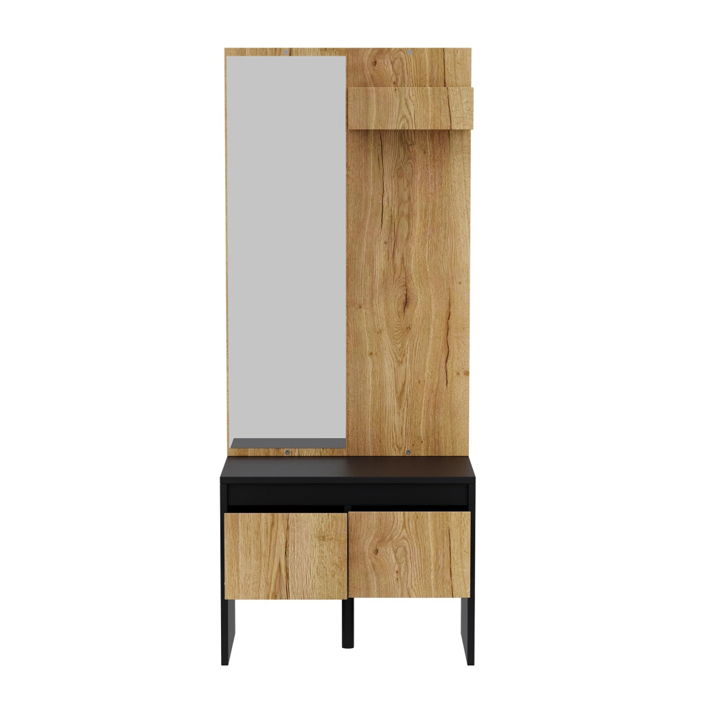 Mobile da ingresso con appendiabiti, specchio, panca portascarpe e 2 cassetti, nero e naturale, 60 × 38 × 145 cm