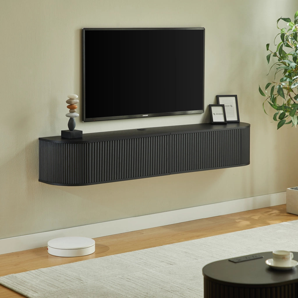 Mobile TV sospeso con passacavi e ante scanalate a chiusura ammortizzata nero 180 × 32 × 30 cm