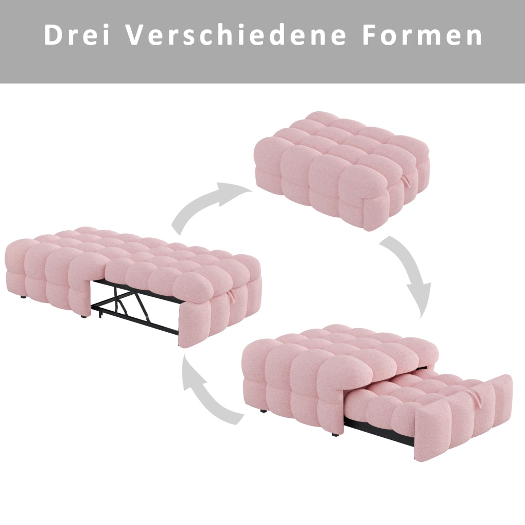 Letto imbottito con poggiapiedi 2 in 1, divano letto estraibile, letto singolo Puffy, bouclé - Rosa