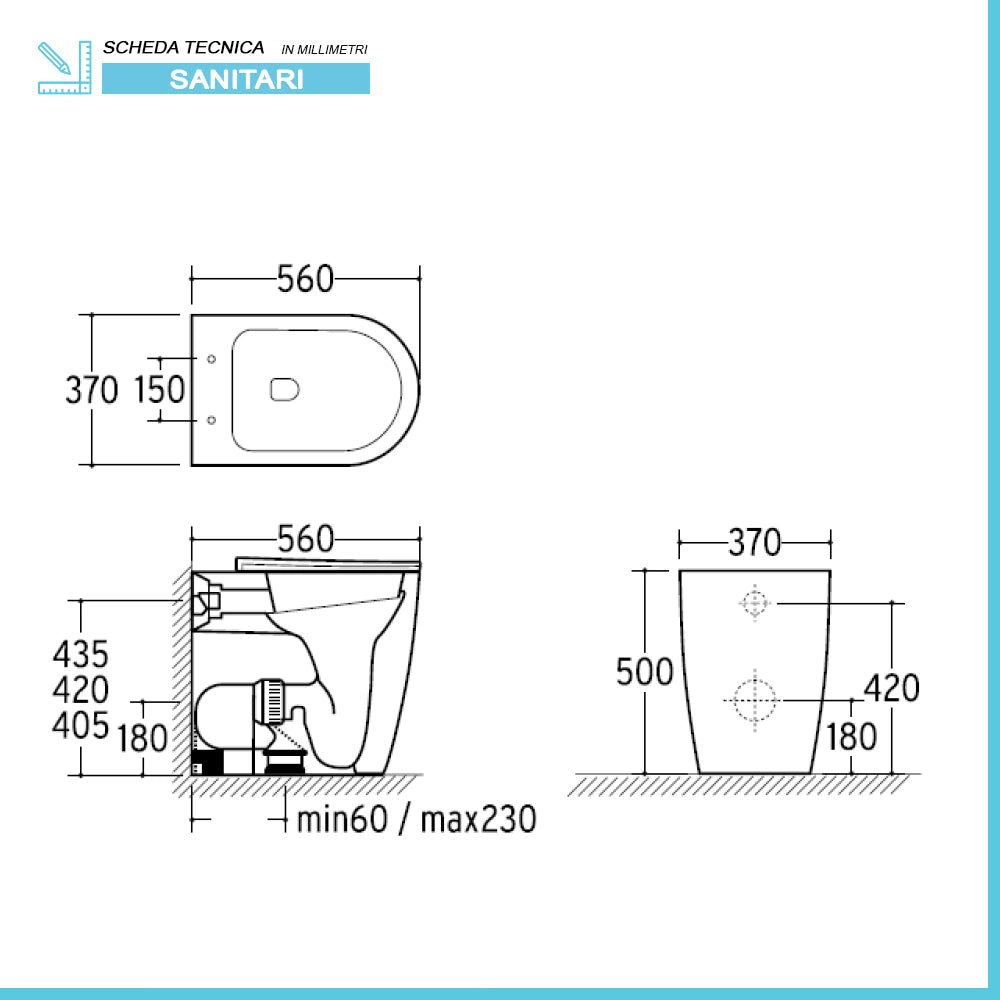 Wc per anziani filomuro H 50 cm con scarico traslato serie Comoda