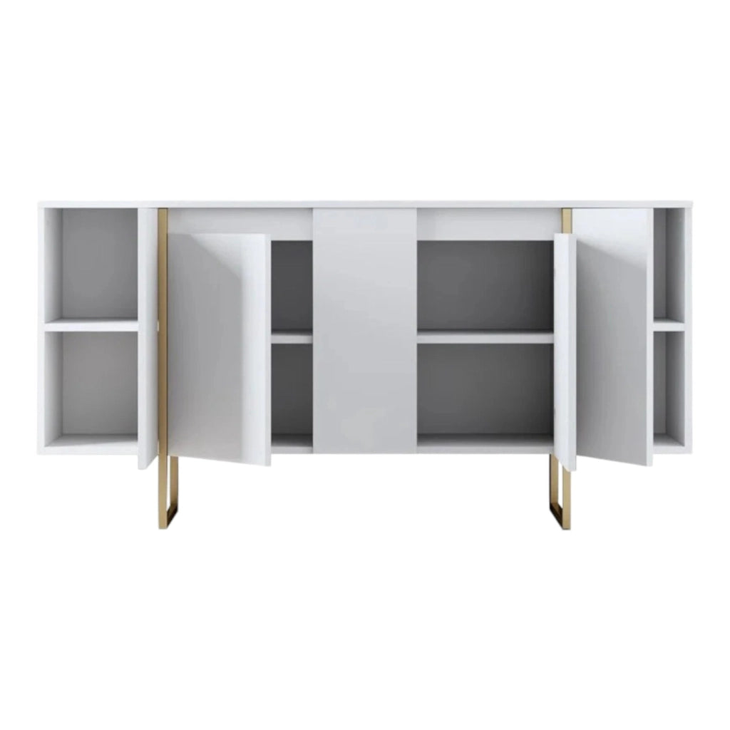 Credenza Arta, Buffet da soggiorno, Madia da salotto, Dispensa da cucina, 160x35h80 cm, Bianco e Oro