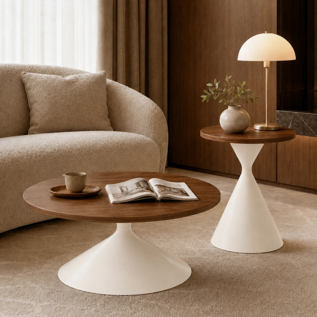TAVOLI Set da 2 rotondi Ø 70 x H 40 e Ø 50 x H 55 cm Noce e Crema