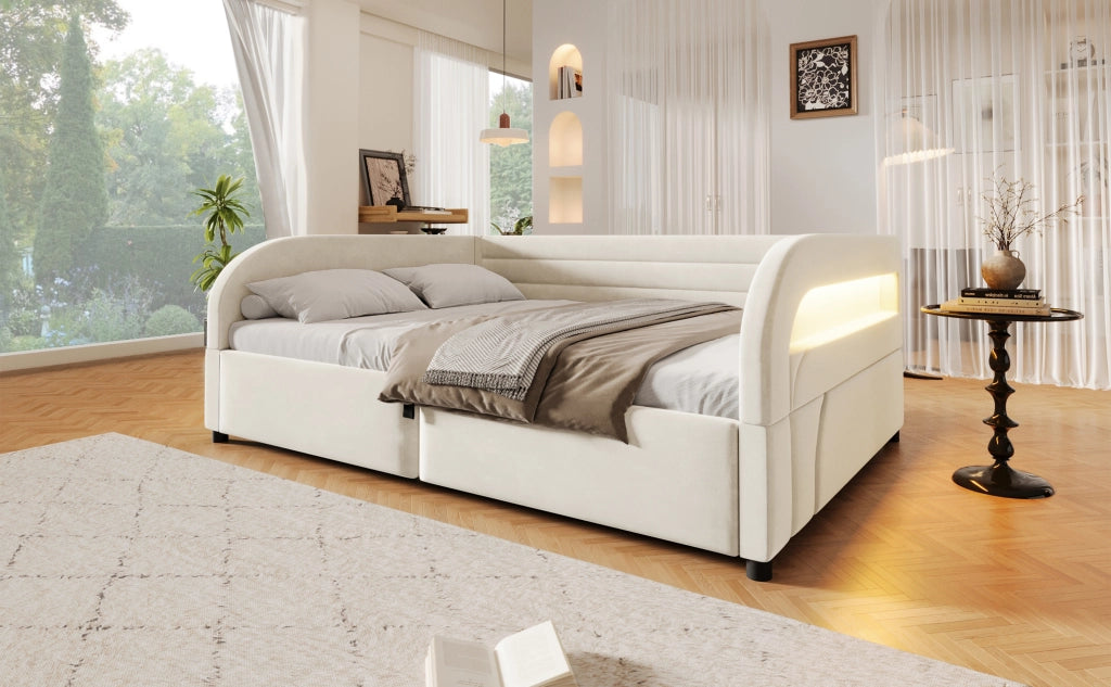 Letto Contenitore Imbottito 140x200 cm con Sollevamento Idraulico; LED; Beige