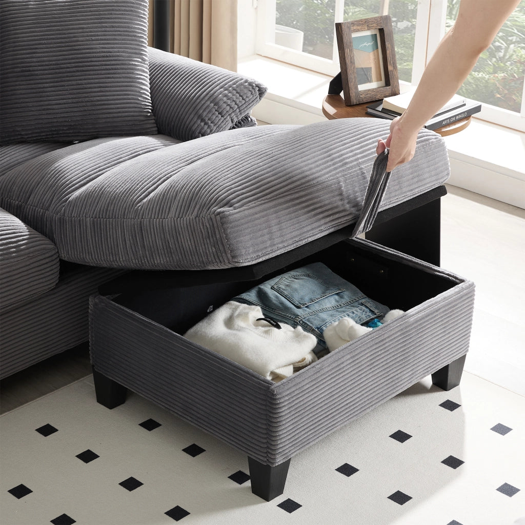 Divano a U 4 posti 293x142x93 cm con vani contenitore, USB e velluto a coste grigio