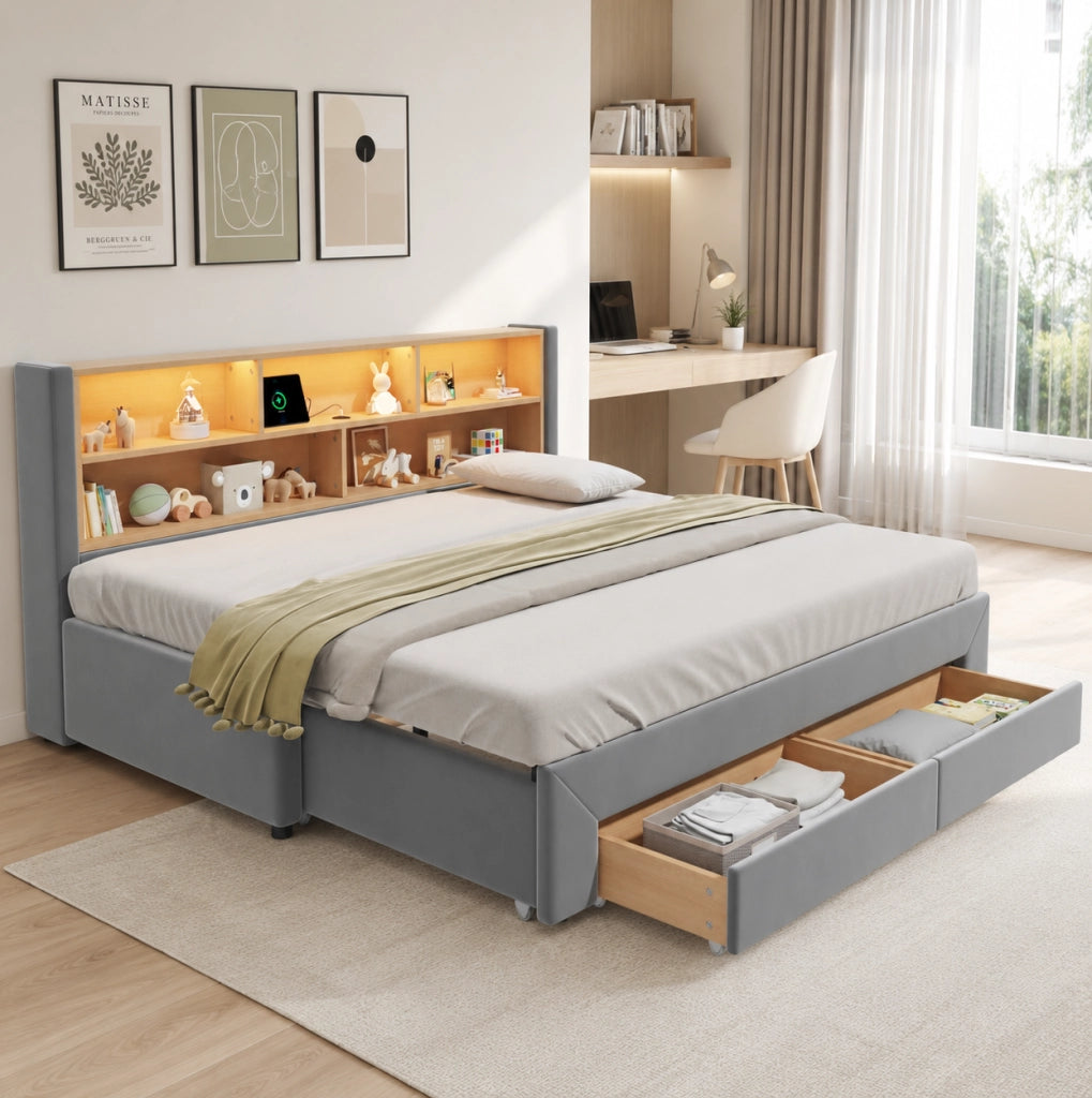 Letto singolo estraibile 90x200 cm con 2 cassetti; LED e USB/Type-C in velluto grigio HOMVRA