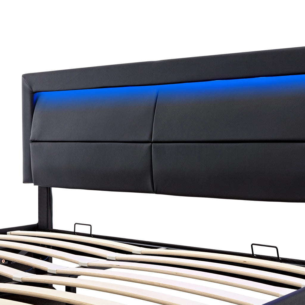 Letto imbottito 140 x 190 cm; spazio contenitore; LED; porta USB; ricarica wireless e cablata; PU; nero