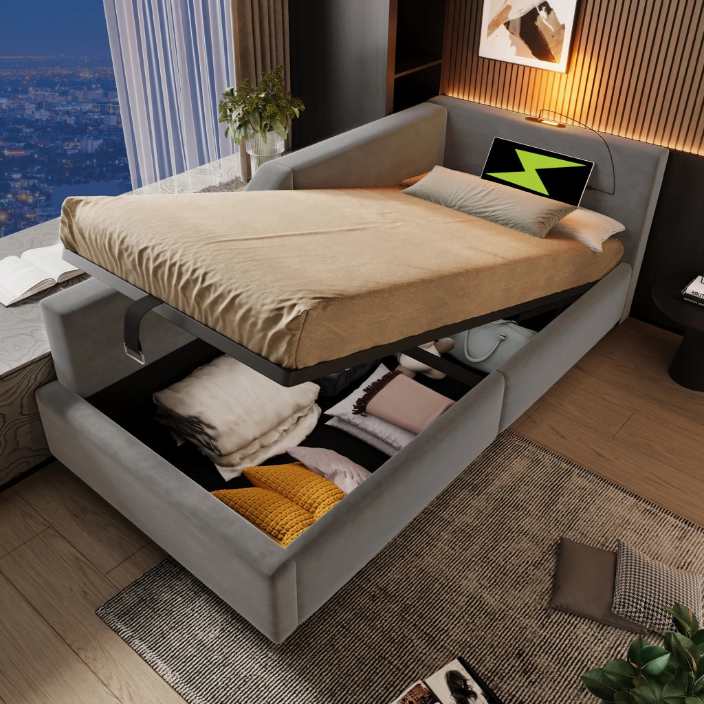 Letto contenitore 90 × 200 cm con rete a doghe idraulica rivestito in velluto grigio con luce da lettura USB-C