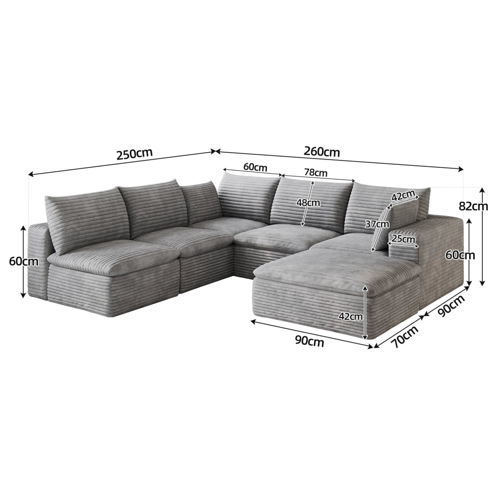 Divano modulare in tessuto di velluto a coste grigio scuro 260x250 cm con imbottitura sfoderabile e design a doppio strato