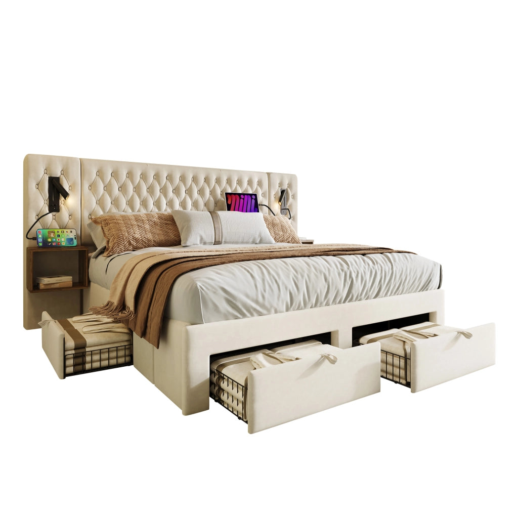 Set camera da letto completo, letto imbottito matrimoniale 160x200 cm con 2 comodini e 4 cassetti, velluto - Beige (senza materasso)