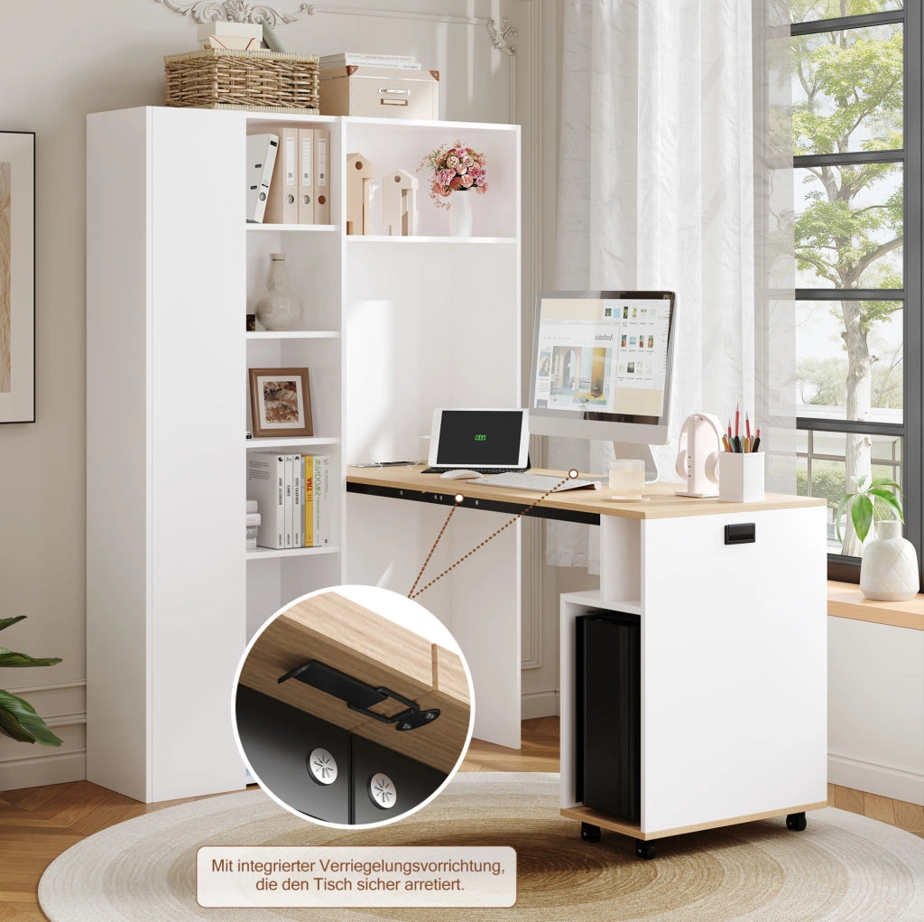 Scrivania pieghevole 2 in 1 con libreria, presa UE e USB in MDF bianco 104,5x30,5x160 cm