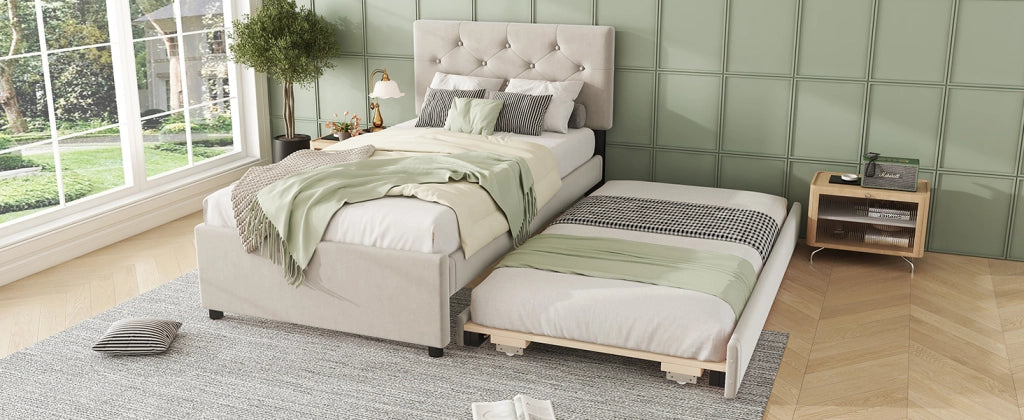 DESMIU Letto estraibile Letto singolo 90 × 200 cm 1 posto con letto aggiuntivo, senza materasso, velluto, beige