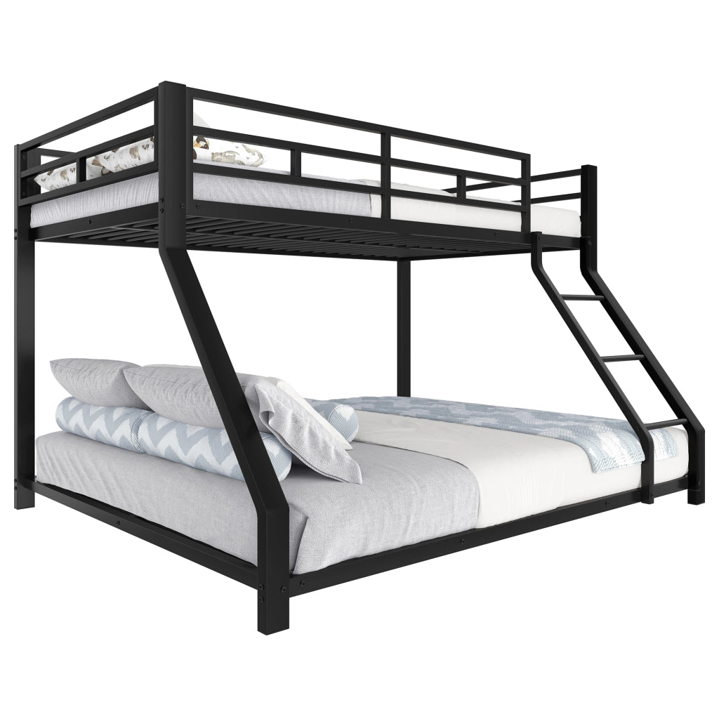 Letto a castello due livelli 90 × 200 cm e 140 × 200 cm con scala e barriera in metallo nero senza materasso