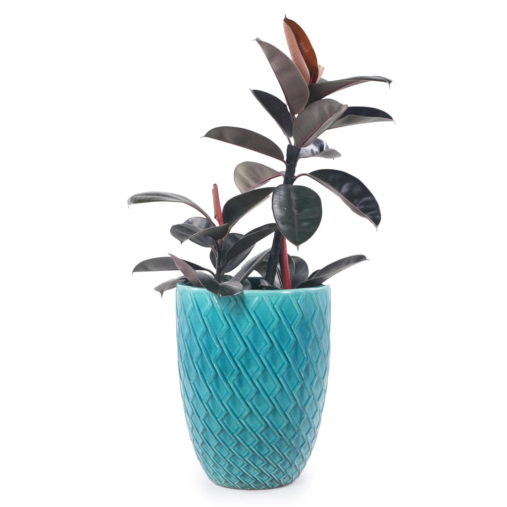 Grande Vaso in Ceramica Artigianale, 42 cm di Diametro × 54 cm di Altezza, Blu Ciano Lucido con Motivo a Rombo, Traspirante e Resistenti al Gelo con Fori di Drenaggio
