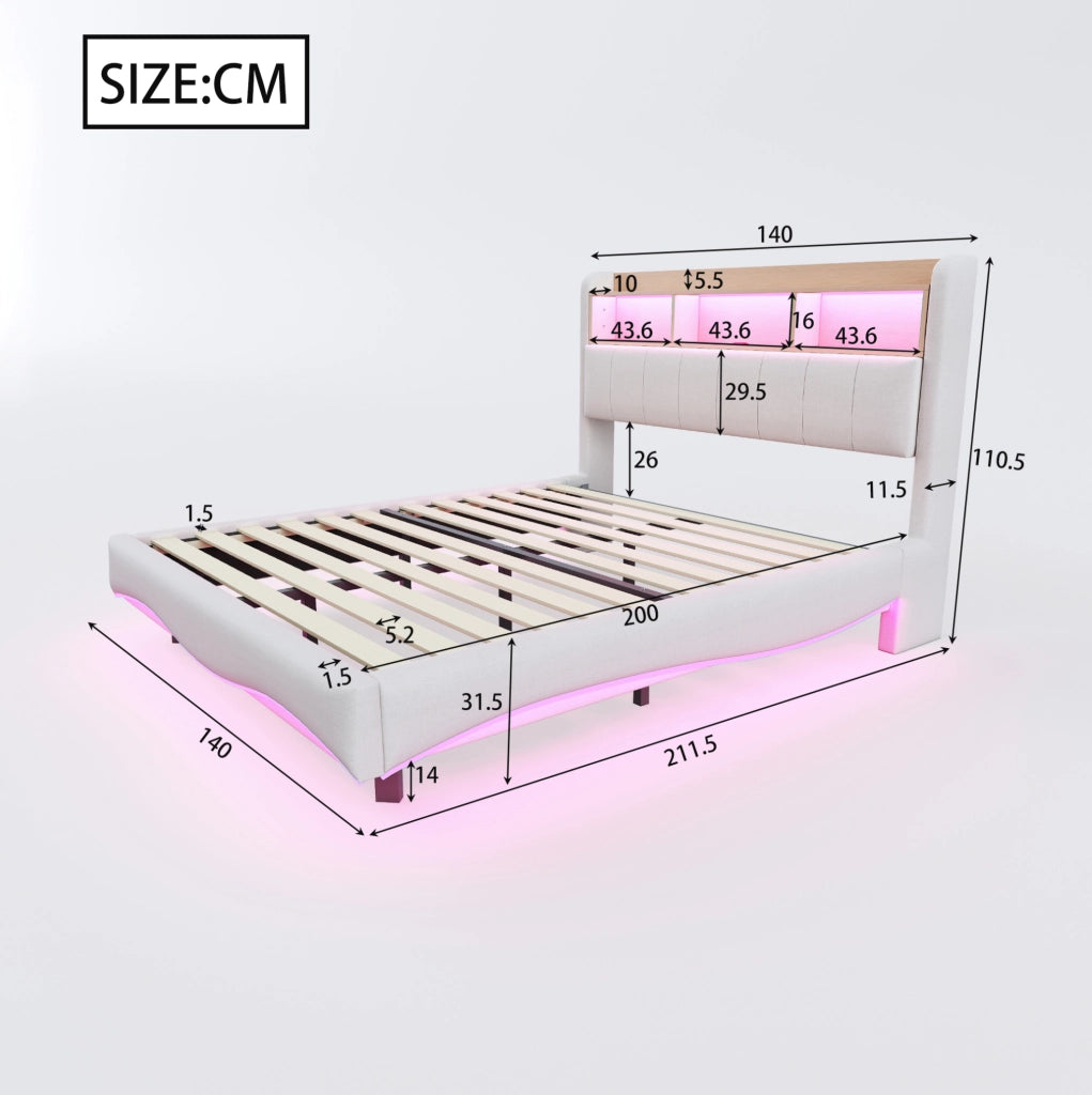 Letto imbottito sospeso 140x200 cm in tessuto di lino beige con luci LED, porte USB e Type-C, contenitore integrato