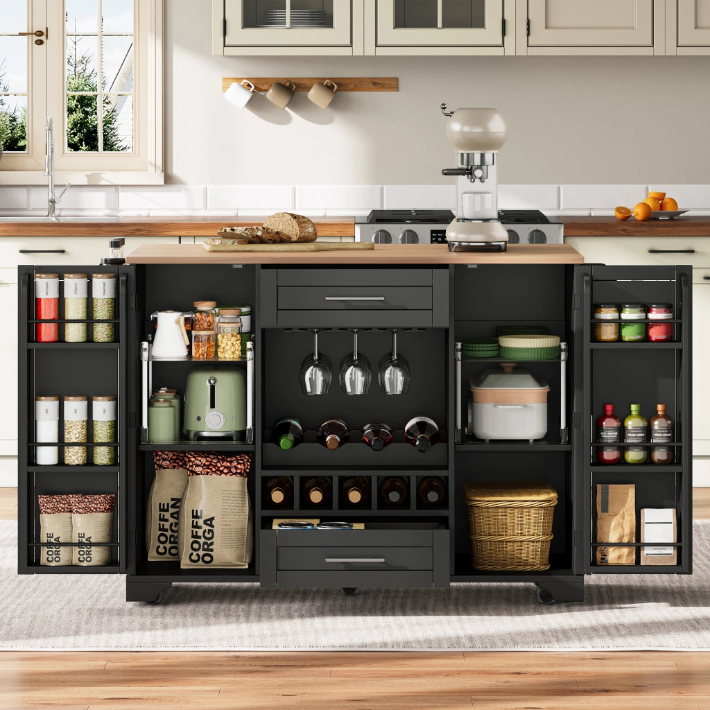 CARRELLO CUCINA ESTRAIBILE 138x45(70)x92 cm MDF Nero/Naturale