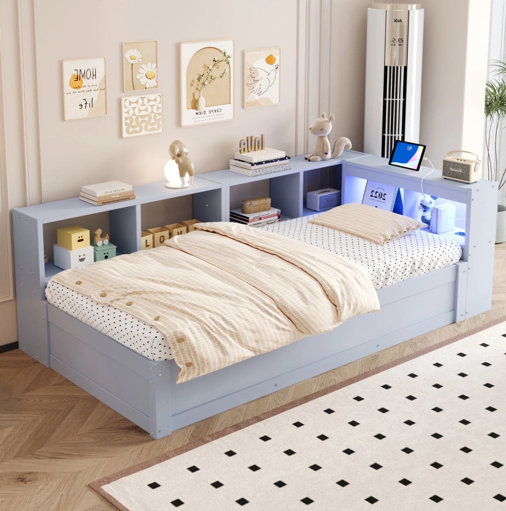 Letto multifunzione 90 x 200 cm grigio con LED, presa integrata e contenitore idraulico