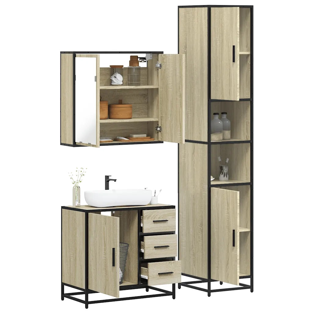 Set Mobili da Bagno | Armadio da bagno 3 pz Rovere Sonoma in Legno Multistrato