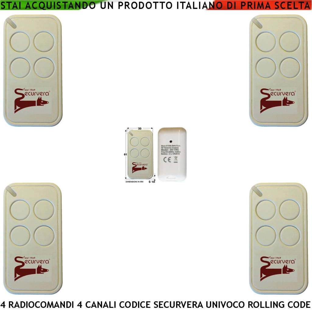 Radiocomando 4 Telecomandi Frequenza di Trasmissione 433,92 MHz 4 canali Potenza 1 mW Una Codifica di Sicurezza Univoca Securvera Led Segnalazione Funzione