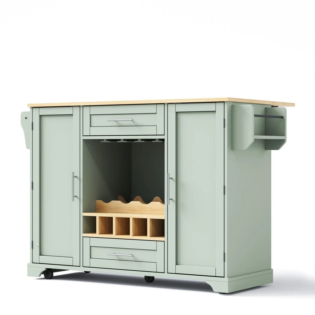 Carrello da cucina con piano ribaltabile, isola su ruote con portabottiglie, bicchieri, spezie e asciugamani, 120x45/70x92 cm, verde