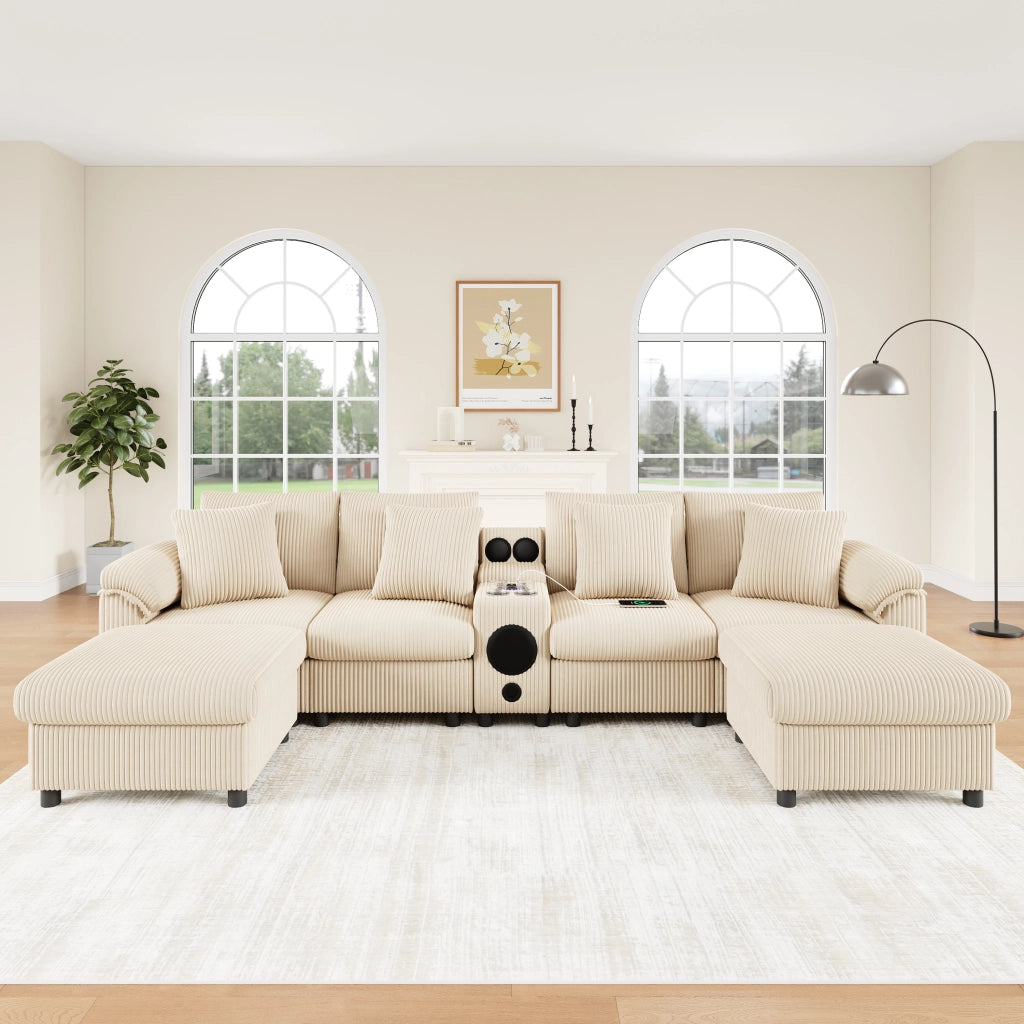 Divano modulare a U e L da 4 a 6 posti in velluto a coste beige con console Bluetooth ricarica e portabevande