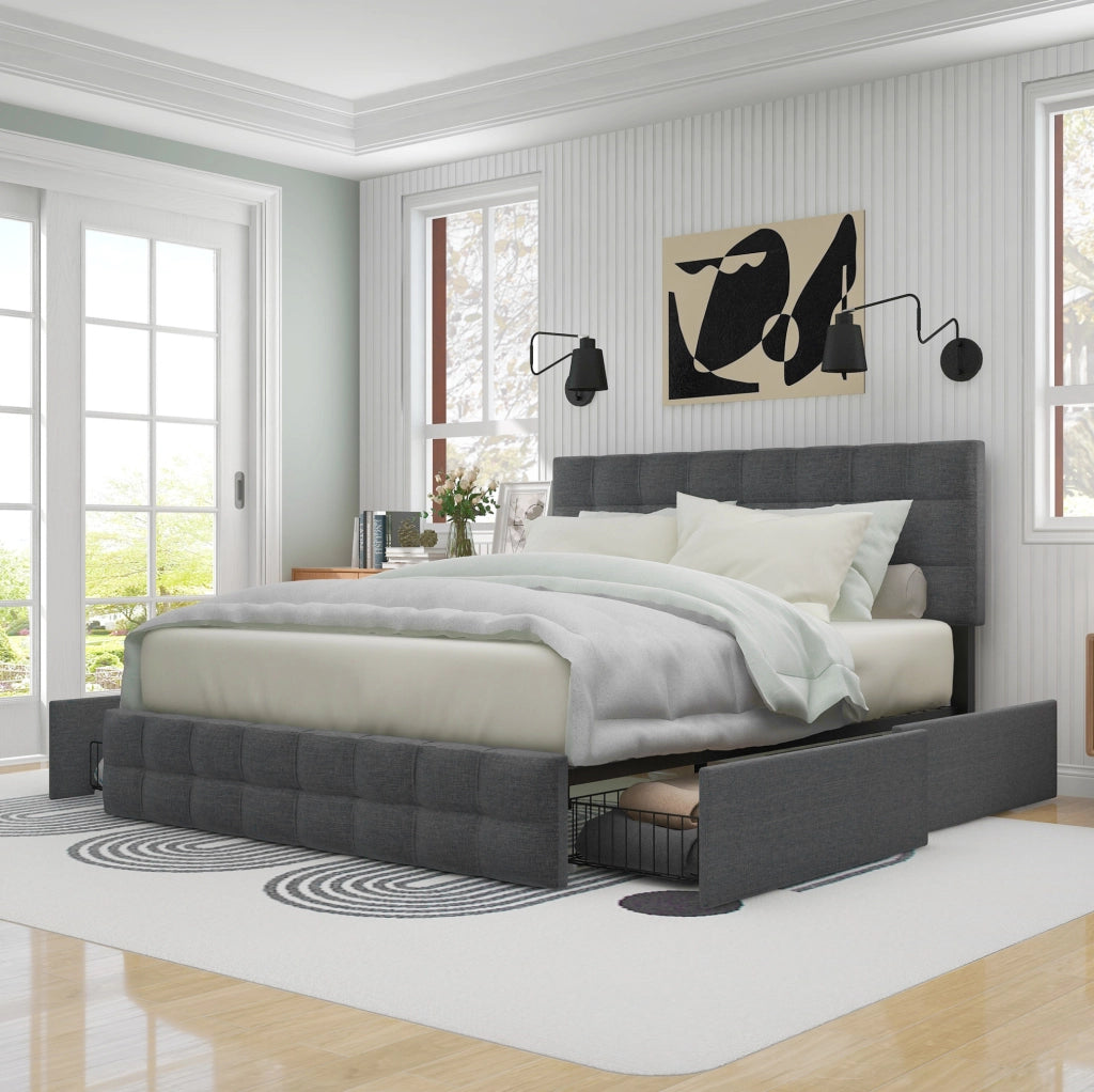 Letto imbottito 140x200 cm con 4 cassetti, materasso e testiera regolabile grigio