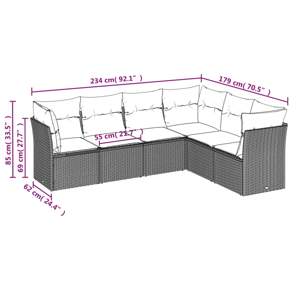 Set Divano da Giardino 6 pz con Cuscini Grigio in Polyrattan