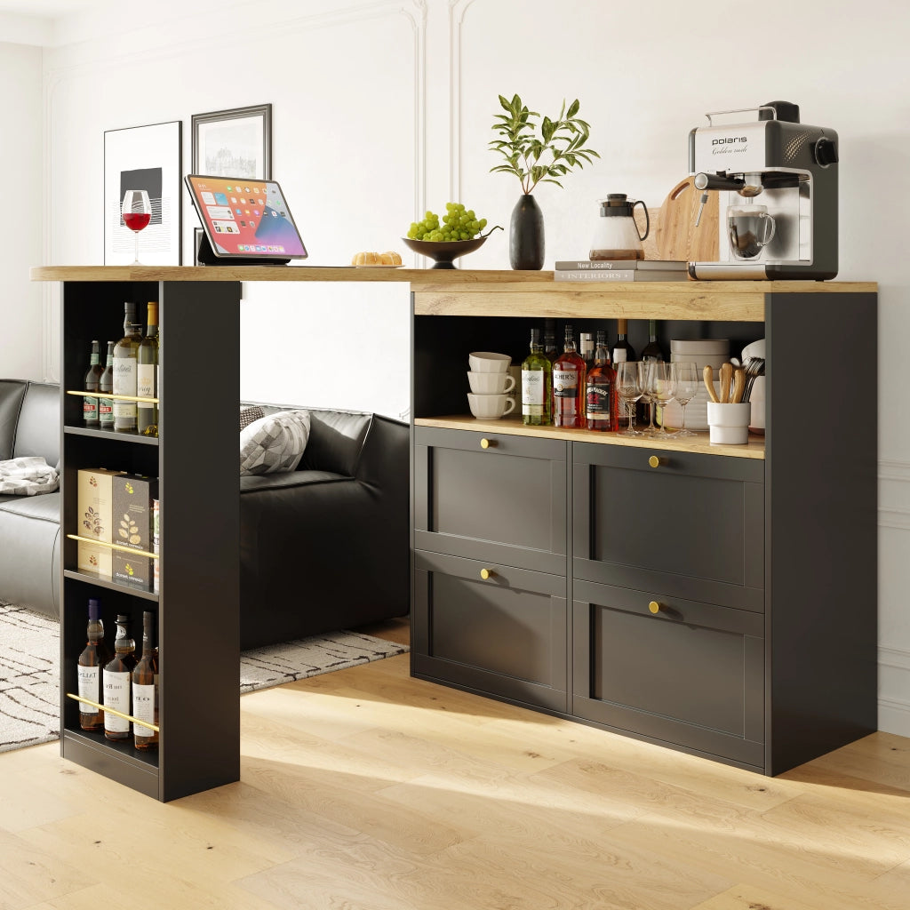 Mobile contenitore a L con 4 cassetti e scaffale laterale girevole a 360° in MDF nero 105 × 39 × 102 cm