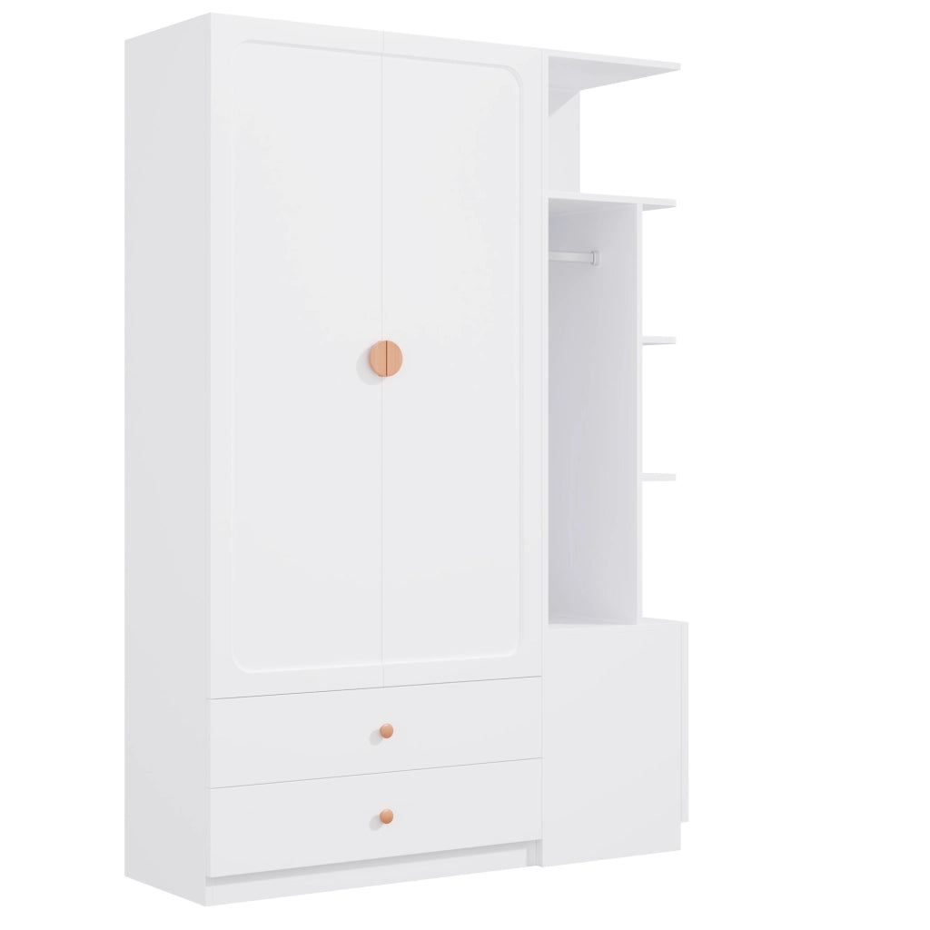 Armadio ULEVR 135x45x200 cm bianco con 2 barre appendiabiti, 2 cassetti e modulo laterale aperto