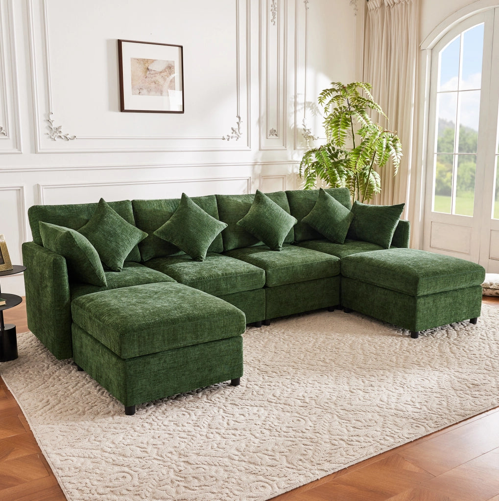 Divano modulare in tessuto Chenille con 2 pouf e 6 cuscini, trasformabile in forme a U e L, 278x161x81 cm, per soggiorno e appartamenti