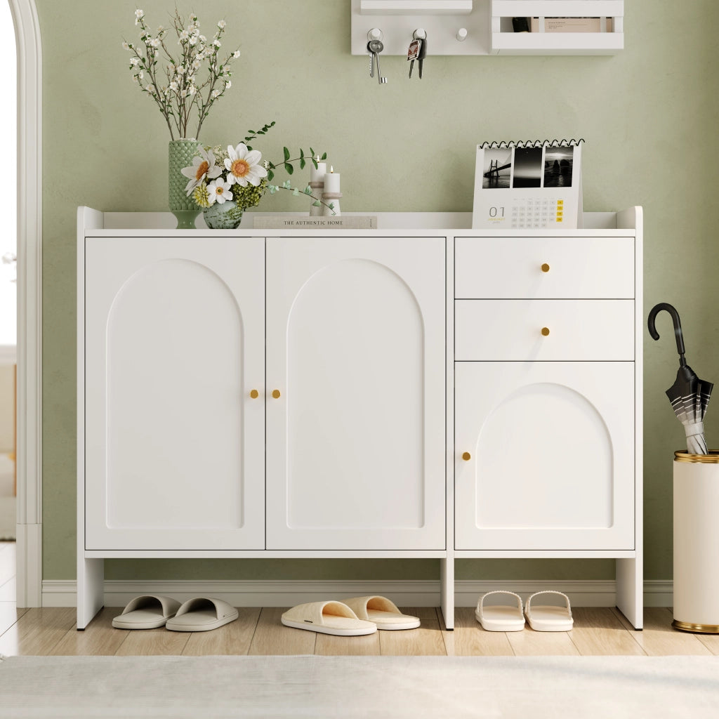 Scarpiera a 3 ante e 2 cassetti con ripiani regolabili in MDF e pannello di particelle bianca 120 × 35 × 90 cm