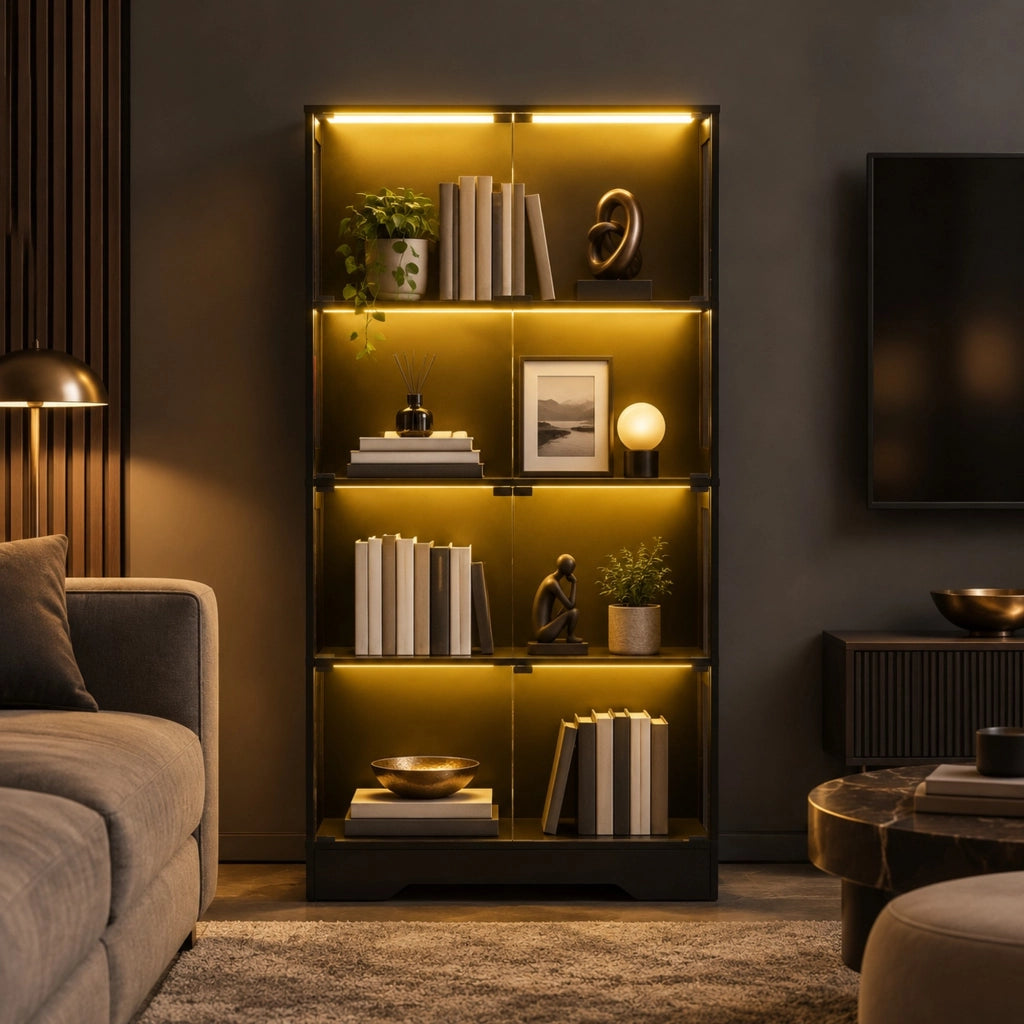Vetrina in vetro 80x35x165 cm con LED a 3 colori e sensore di movimento; nera