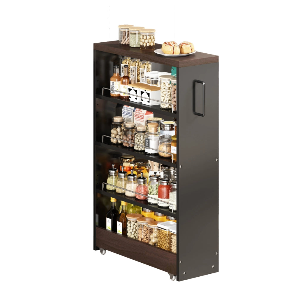 Carrello Slim con 4 Ripiani Regolabili, 20 cm di Larghezza, Nero con Piano Effetto Legno Marrone, 55x20x85 cm, per Cucina e Bagno