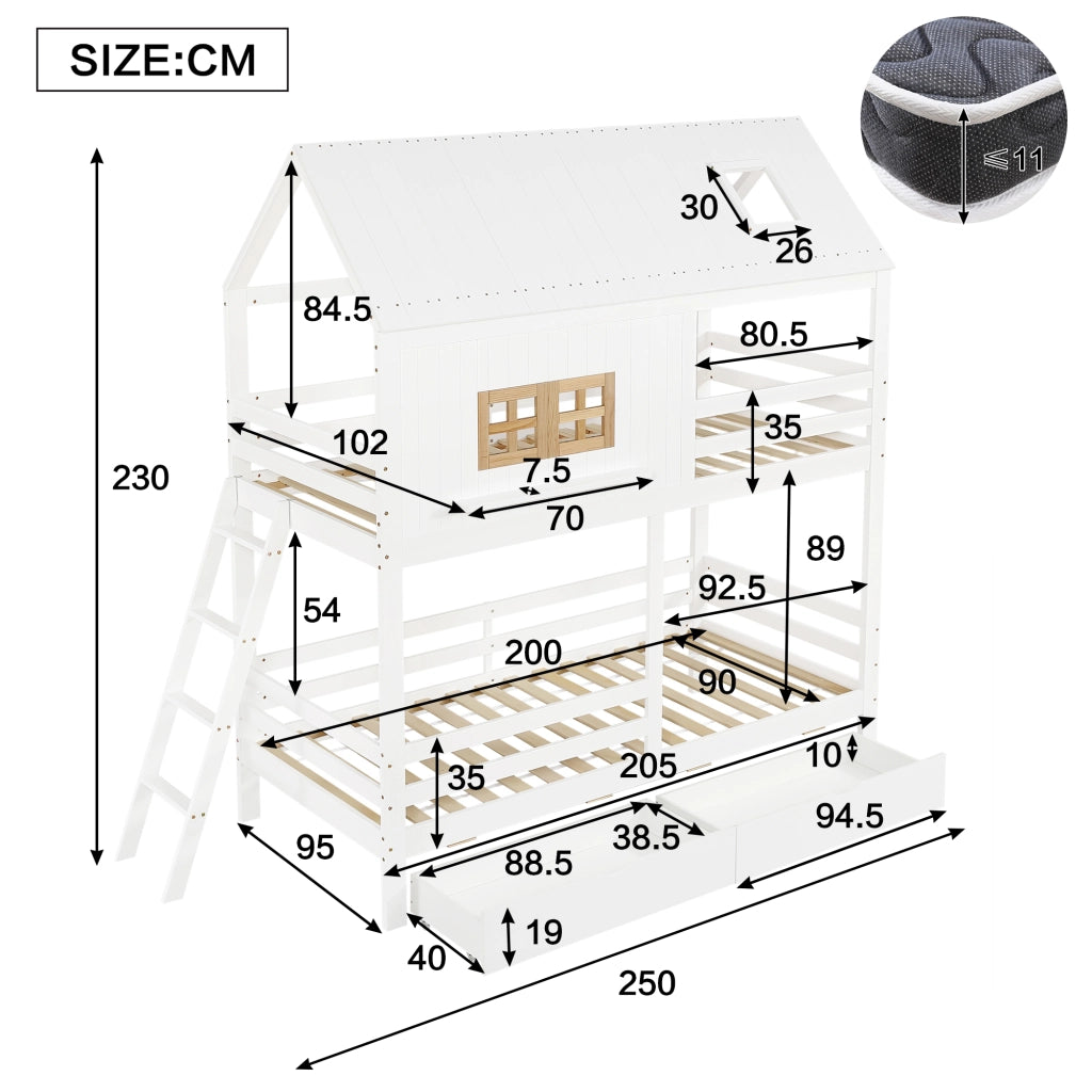 Letto a castello per bambini 90x200 cm a casetta con tetto e finestre; pino e MDF; bianco e legno naturale