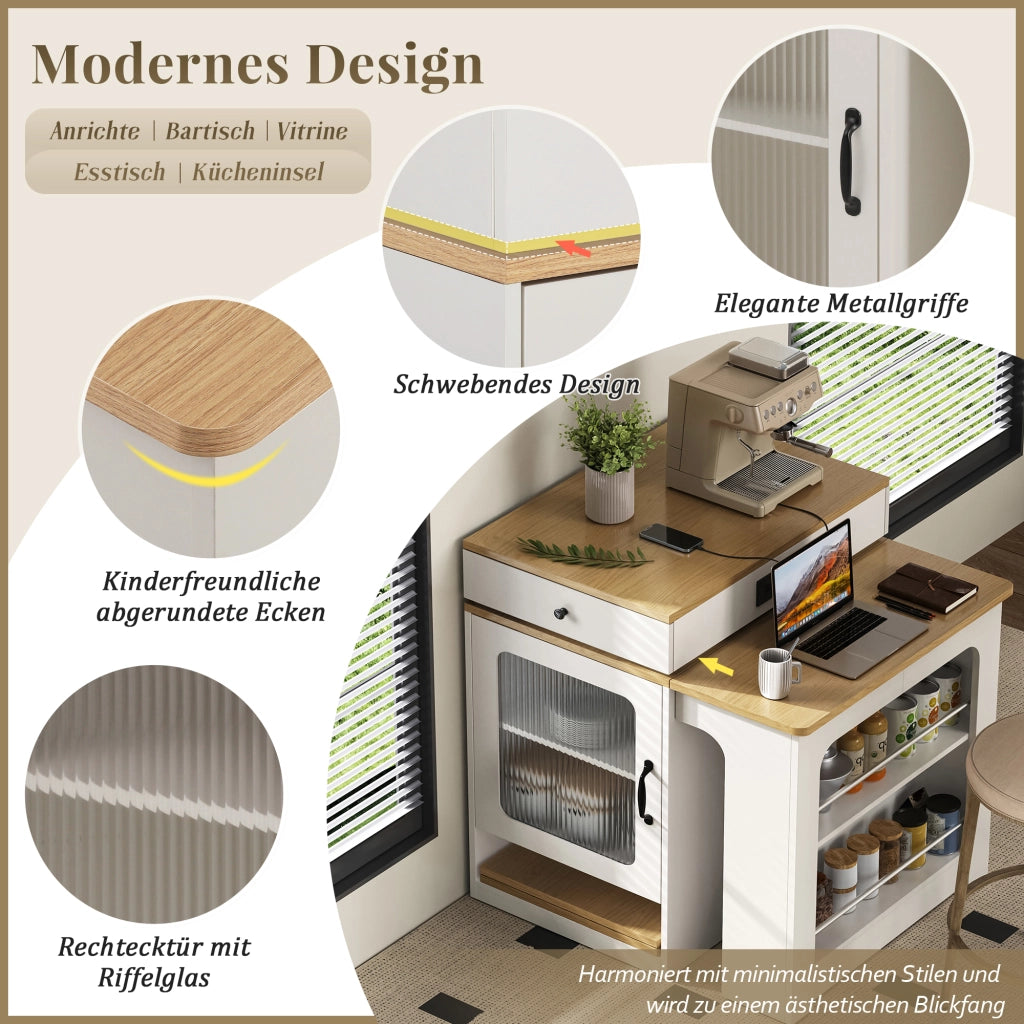 Tavolo allungabile con mobile contenitore e prese integrate MDF bianco e naturale 80 × 71~111~151 × 92 cm