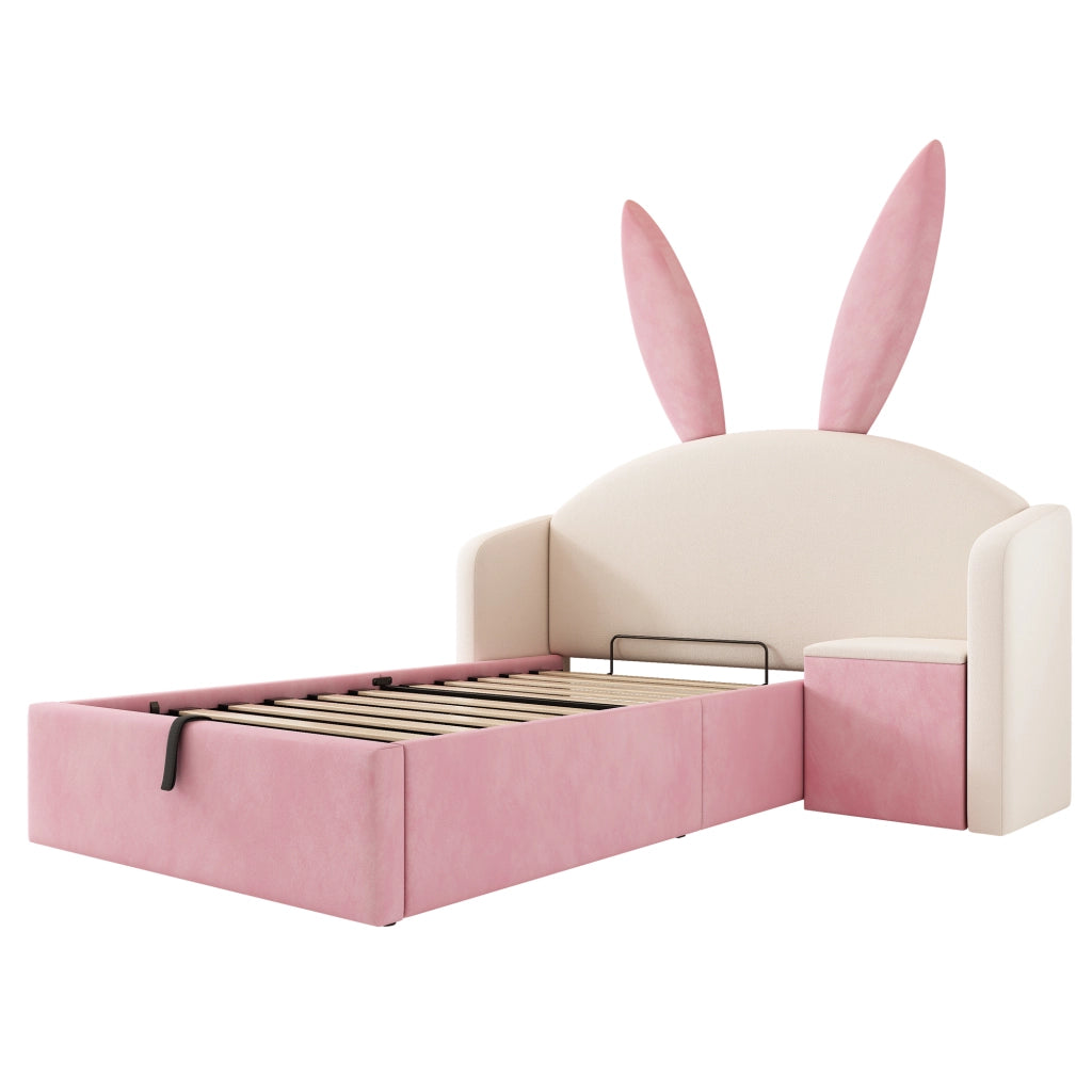 Letto per bambini 90x200 imbottito con contenitore idraulico e comodino integrato