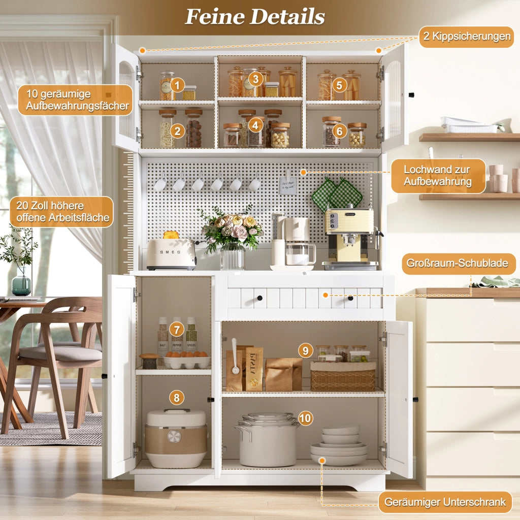 Cristalliera da cucina con ripiani regolabili; cassetto e pannello forato in truciolare bianco 103.5 × 40 × 180 cm