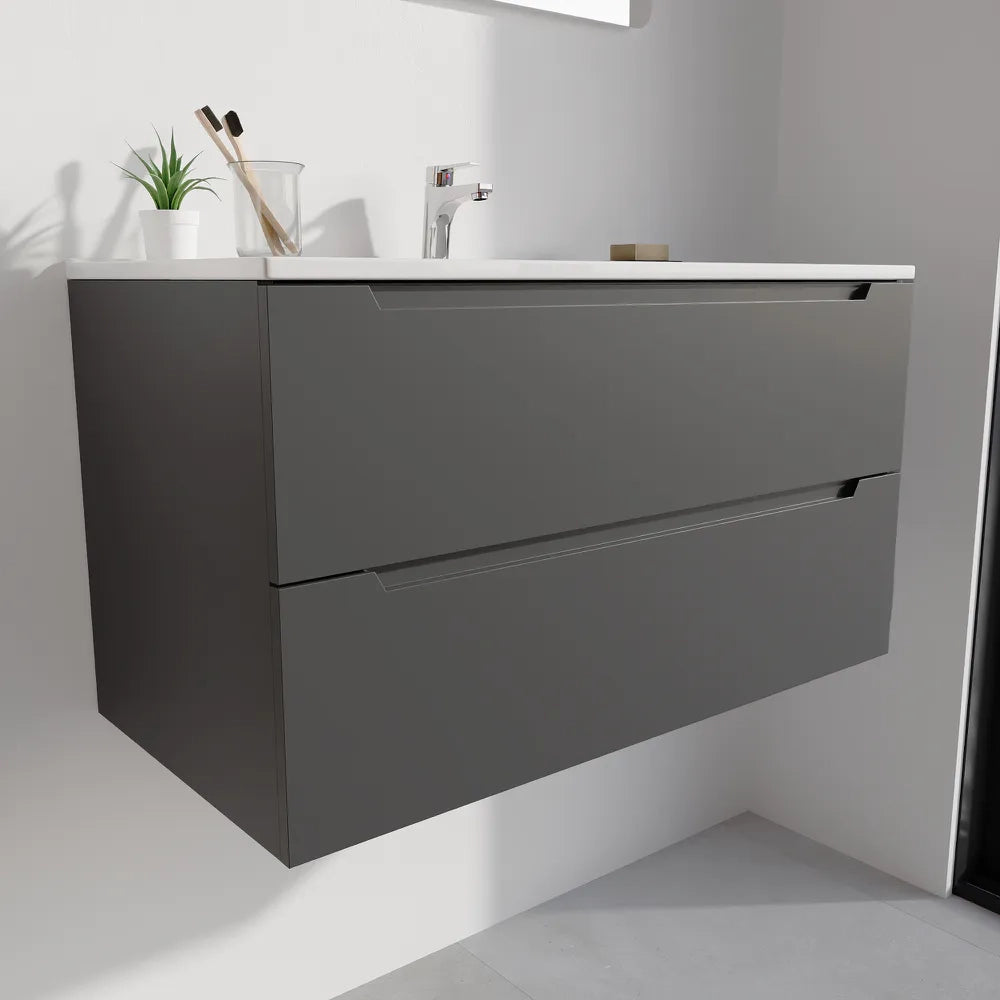 Mobile bagno sospeso 90cm grigio opaco due cassetti soft-close con lavabo bianco lucido | Bako