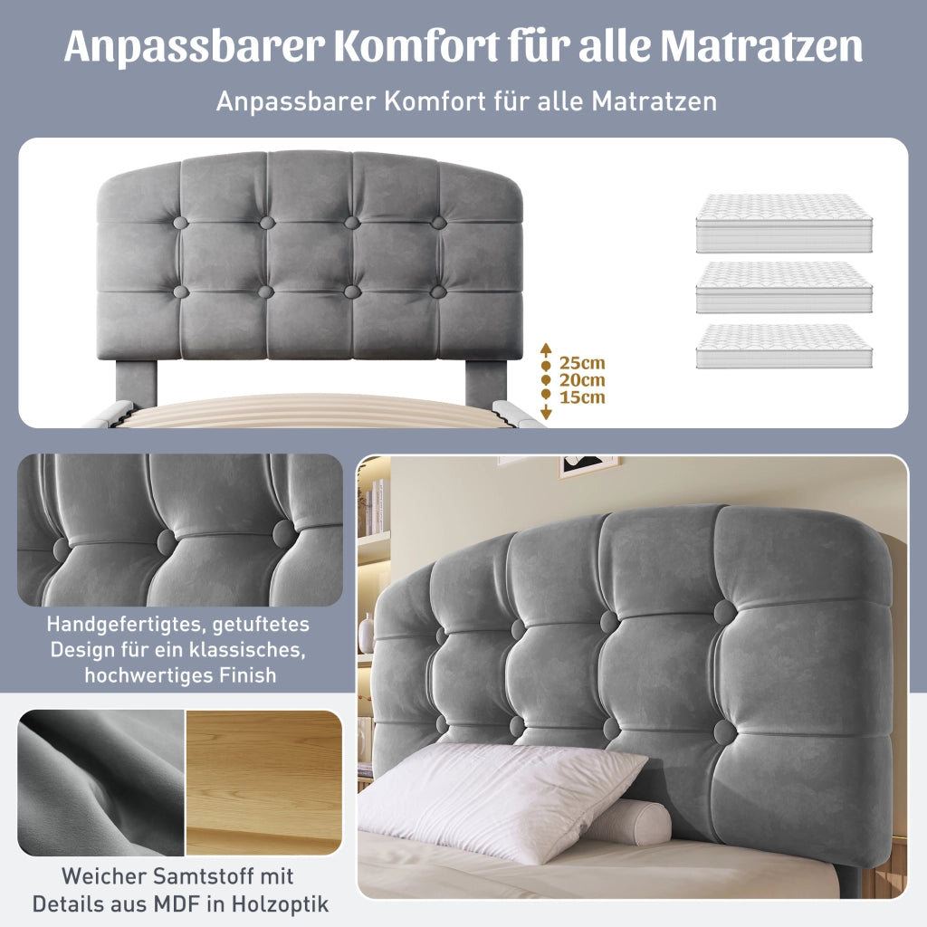 Letto con cassetti 90 × 200 cm con rete a doghe testiera regolabile rivestito in velluto grigio con vani aperti