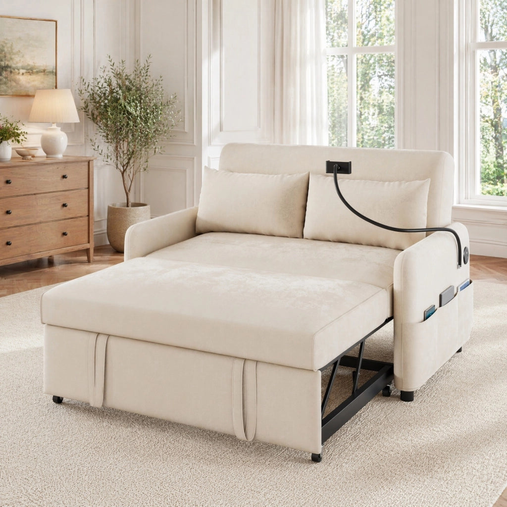 Divano letto estraibile a 2 posti con schienale reclinabile; USB; tasche laterali; beige